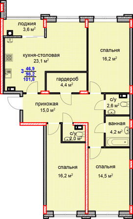 Планировка 3-комн 101,8 м²