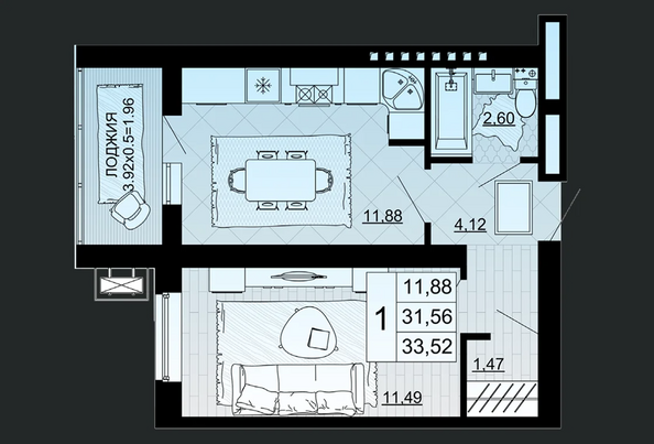 Планировка 1-комн 33,52 м²