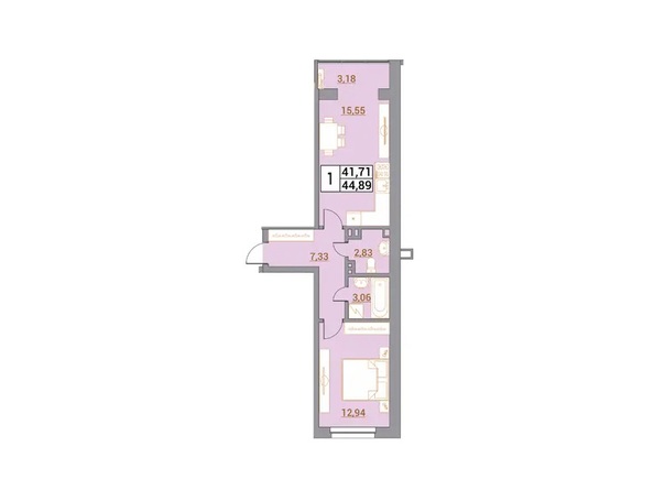 Планировка 1-комн 44,35, 44,89 м²