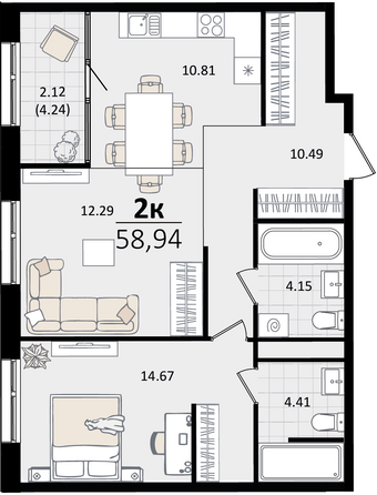 Планировка 2-комн 58,94 м²