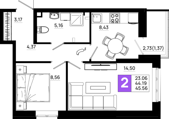Планировка 2-комн 45,56 м²