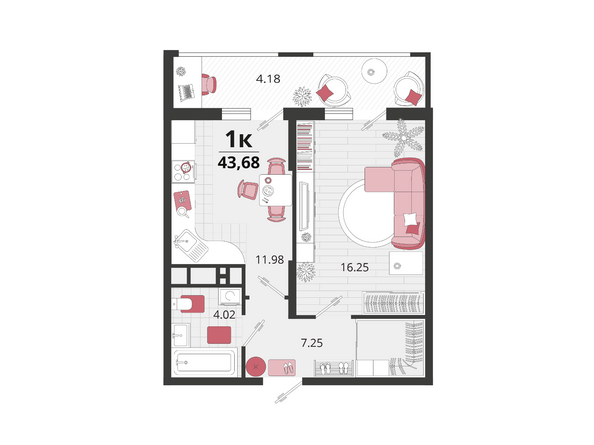 Планировка 1-комн 43,68 м²