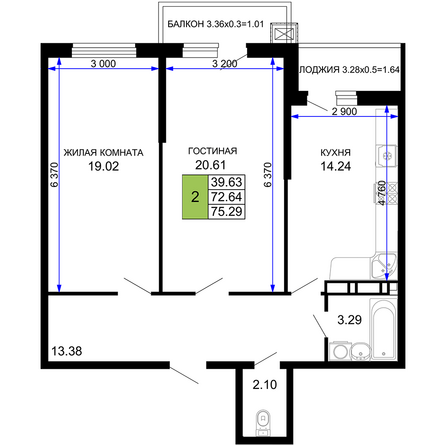 Планировка 2-комн 75,29 м²