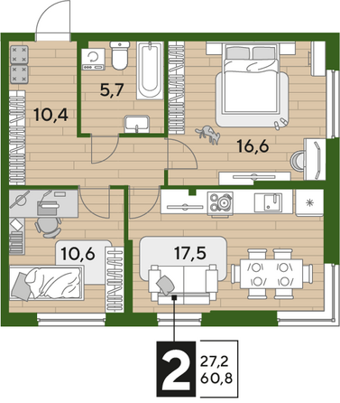 Планировка 2-комн 60,8 м²