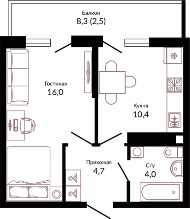 Планировка 1-комн 37,6 м²
