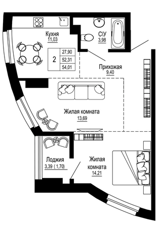 Планировка 2-комн 54,01 м²