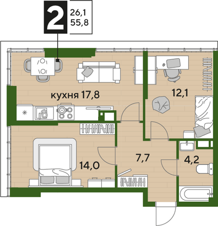 Планировка 2-комн 55,8 м²