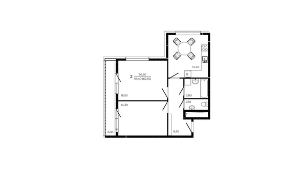 Планировка 2-комн 62,55 м²