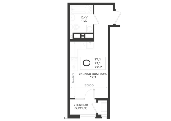Планировка Студия 22,7 м²
