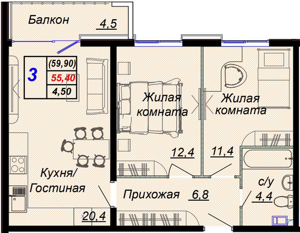 Планировка 3-комн 59,9 м²