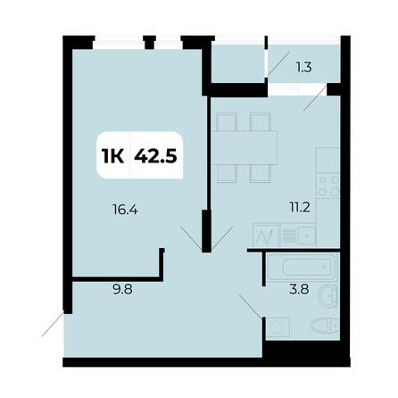 Планировка 1-комн 42,5 м²