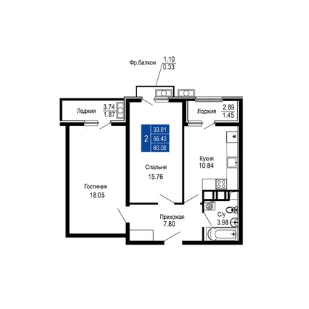 Планировка 2-комн 60,08 м²
