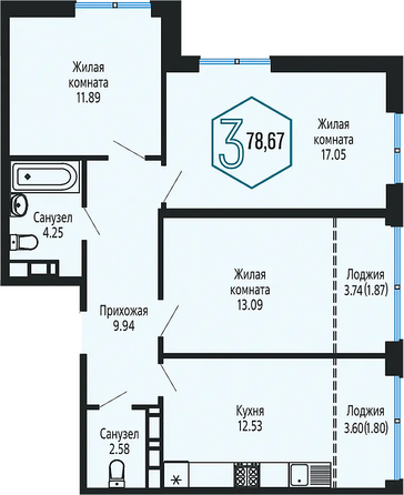 Планировка 3-комн 78,67 м²