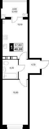 Планировка 1-комн 40,2, 40,7 м²