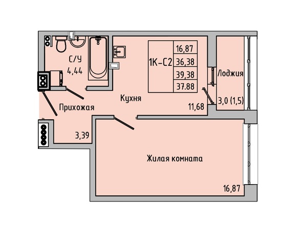 Планировка 1-комн 36,6 - 39,38 м²