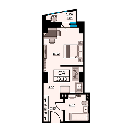 Планировка Студия 28,8, 28,9 м²