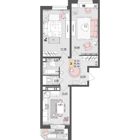 Планировка 2-комн 68,48 м²