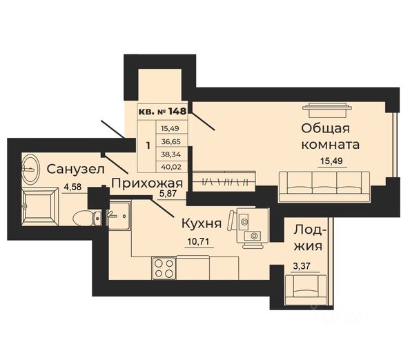 Планировка 1-комн 38,34, 38,42 м²