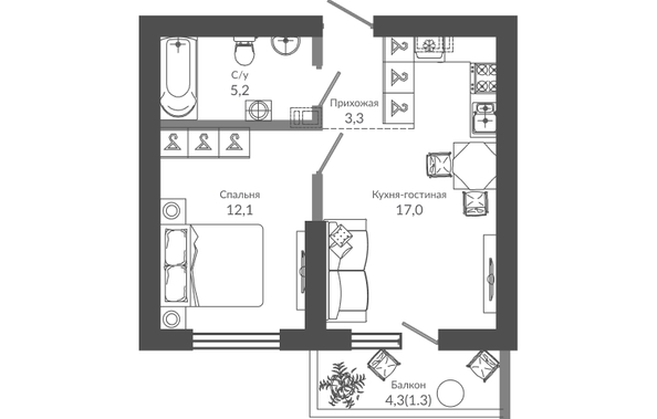 Планировка 1-комн 38,9 м²