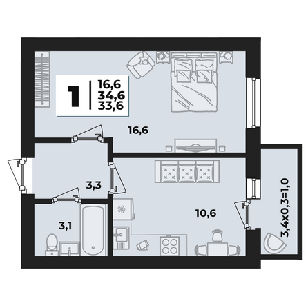 Планировка 1-комн 34,6 м²