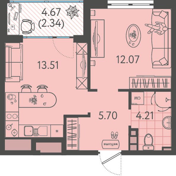 Планировка 1-комн 36,85, 37 м²