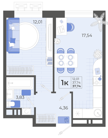 Планировка 1-комн 37,74 м²