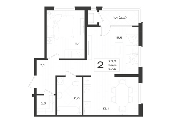 Планировка 2-комн 57,6 м²