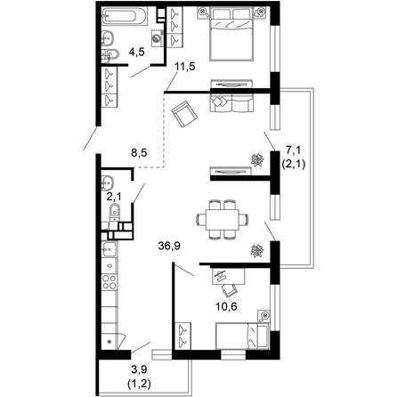 Планировка 2-комн 77,4 м²