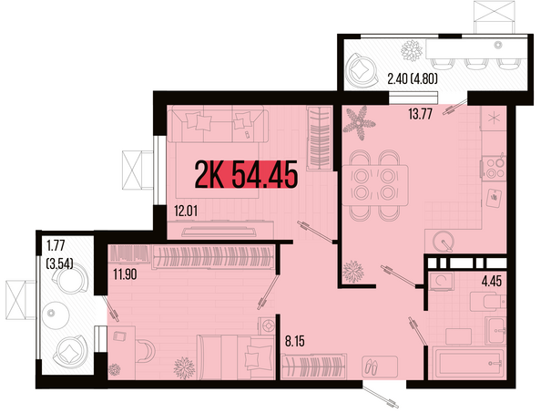 Планировка 2-комн 54,45 м²