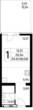 Планировка 1-комн 38,58 - 39,38 м²