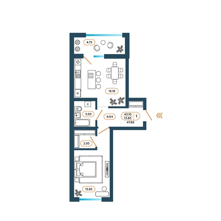 Планировка 1-комн 47,86 м²