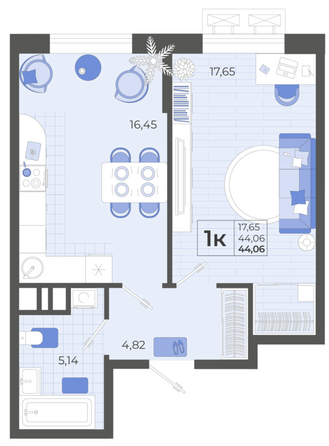 Планировка 1-комн 44,06 м²