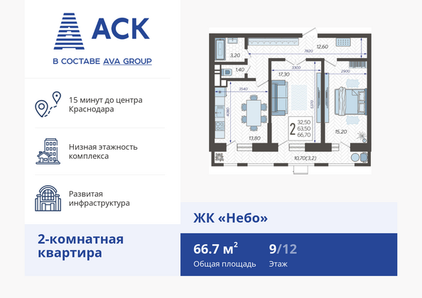 Планировка 2-комн 66,7 м²