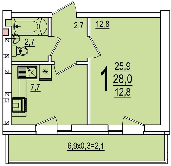 Планировка 1-комн 28 м²