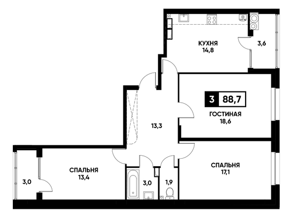 Планировка 3-комн 88,7 м²