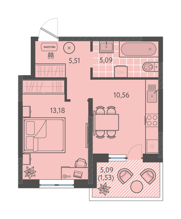 Планировка 1-комн 35,87 м²