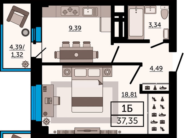 Планировка 1-комн 37,35 м²