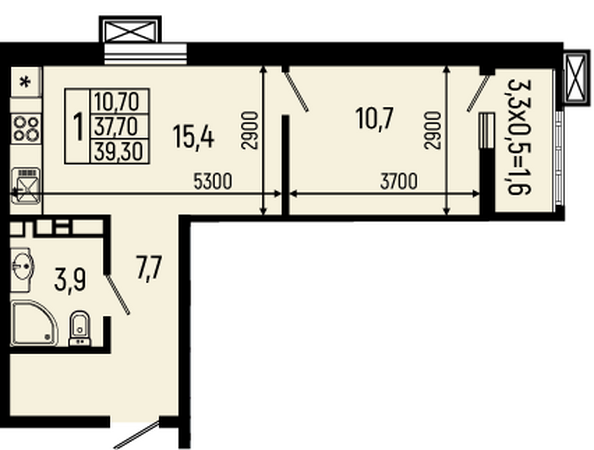 Планировка 1-комн 39,3 м²