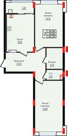 Планировка 2-комн 62,1 м²