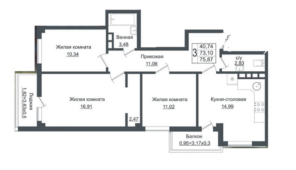 Планировка 3-комн 75,87 м²