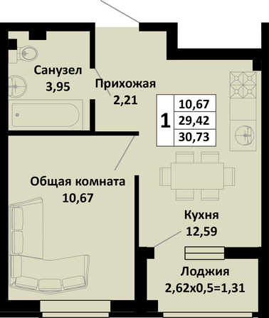 Планировка 1-комн 30,73 м²