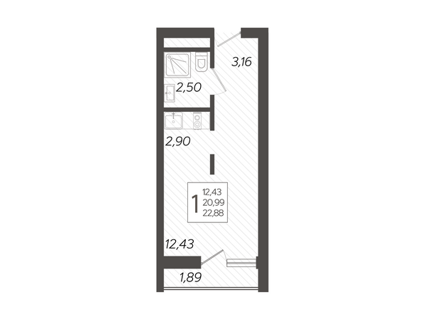 Планировка 1-комн 22,88 м²