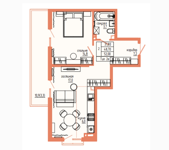 Планировка 2-комн 52 м²