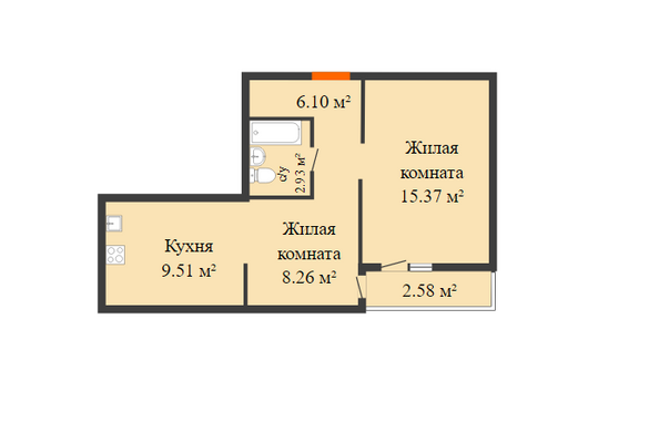 Планировка 2-комн 43,46 м²