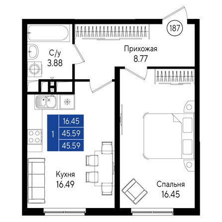 Планировка 1-комн 45,59 м²