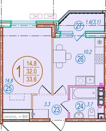 Планировка 1-комн 33,6 м²
