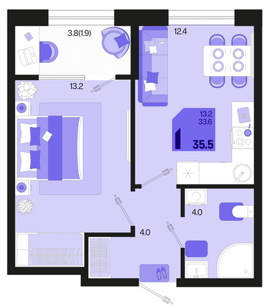 Планировка 1-комн 35,5 м²