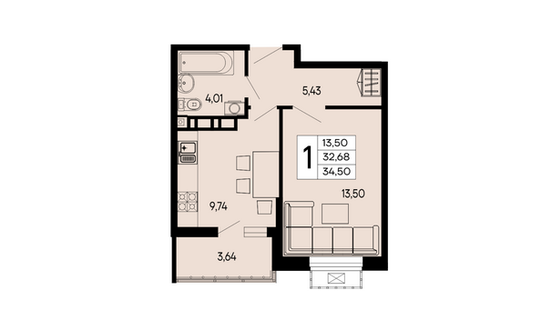 Планировка 1-комн 34,5 м²