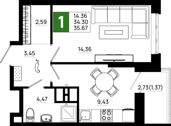 Планировка 1-комн 35,67 м²