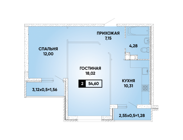 Планировка 2-комн 54,6 м²